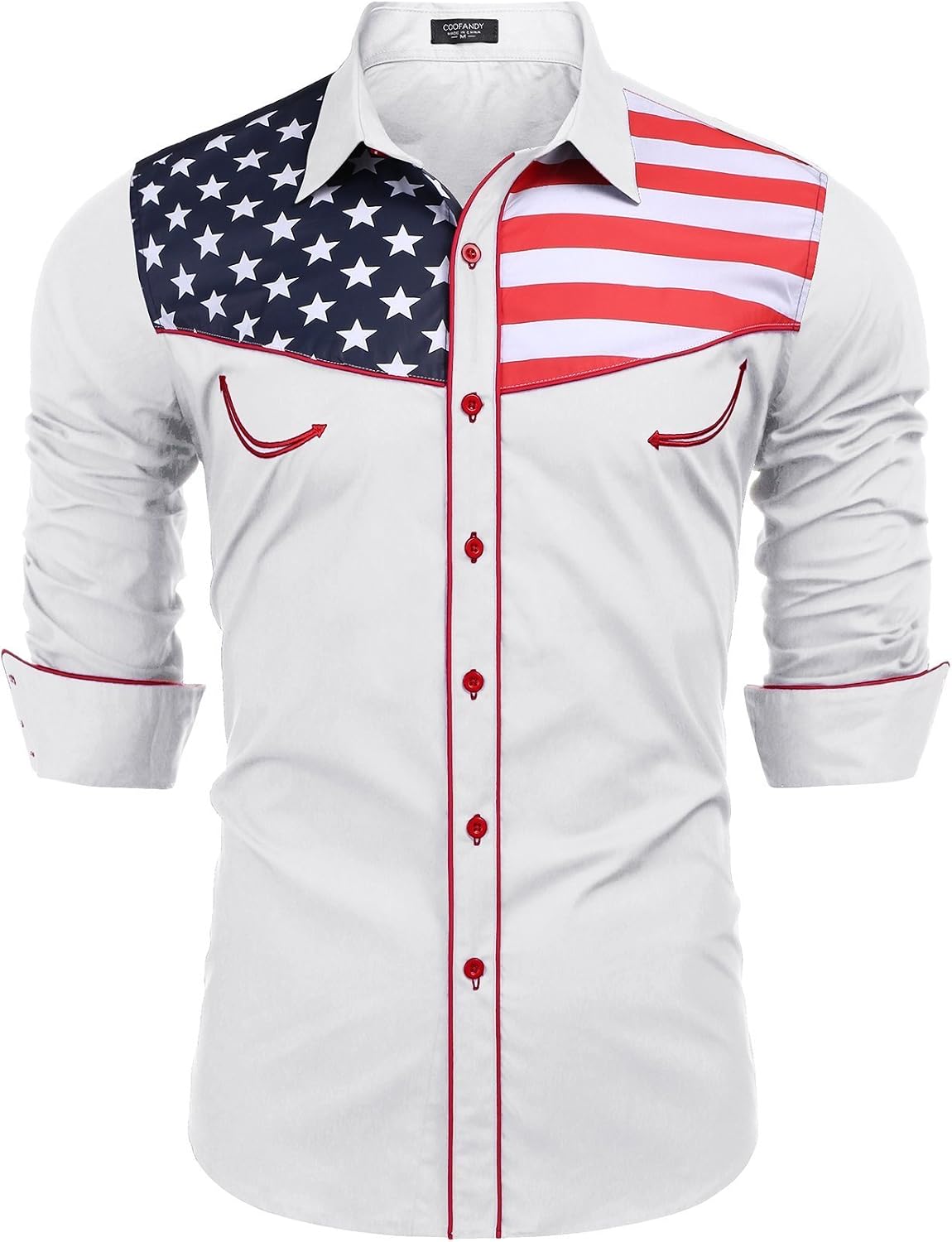 HOTCOOFANDY Men's American Flag Button Down Shirts Western Cowboy Shirt Slim Fit Patriotic Long Sleeve Shirt