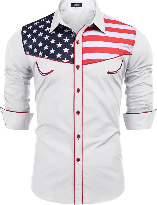 HOTCOOFANDY Men's American Flag Button Down Shirts Western Cowboy Shirt Slim Fit Patriotic Long Sleeve Shirt
