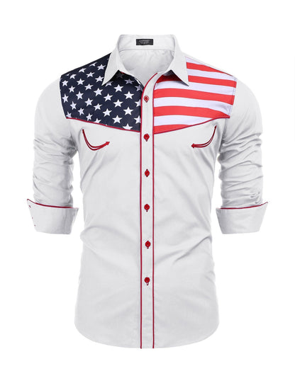 HOTCOOFANDY Men's American Flag Button Down Shirts Western Cowboy Shirt Slim Fit Patriotic Long Sleeve Shirt