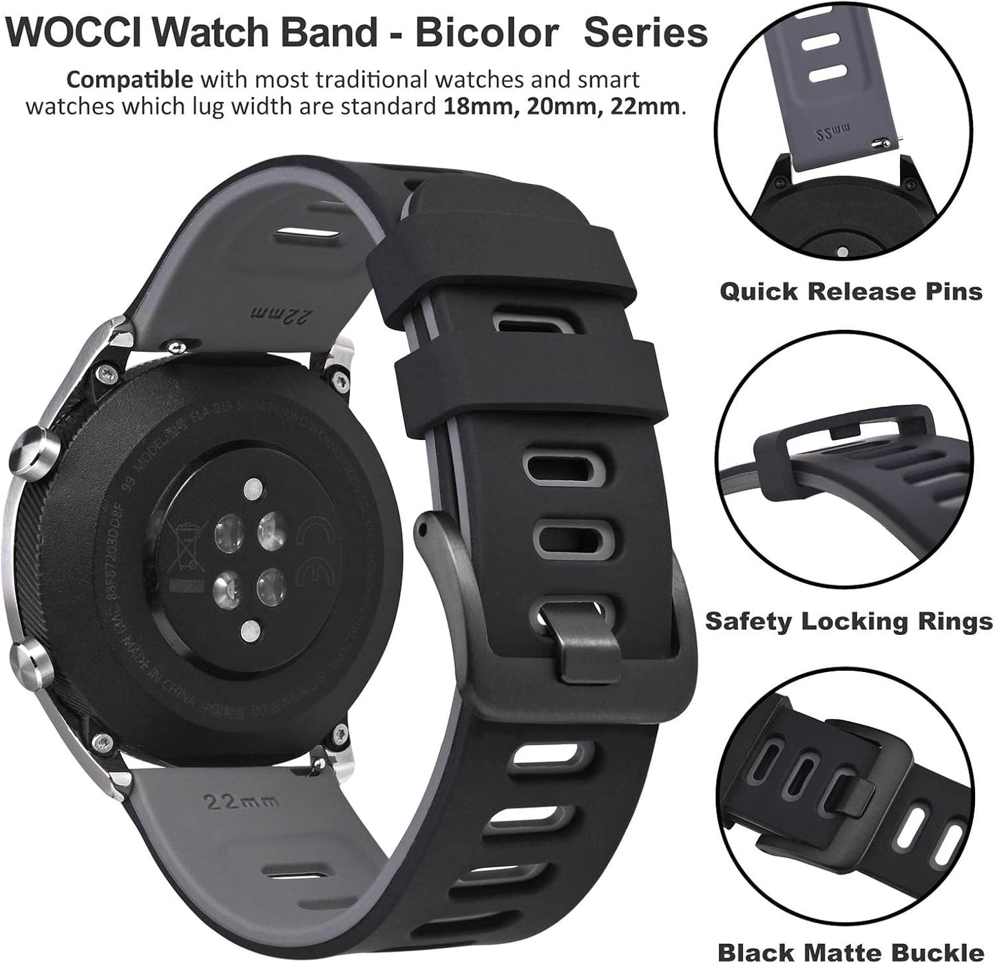 HOTWOCCI 22mm Bicolor Watch Band, Silicone Rubber, Quick Release Replacement Strap for Men and Women, Black Stainless Steel Buckle (Black-Grey)