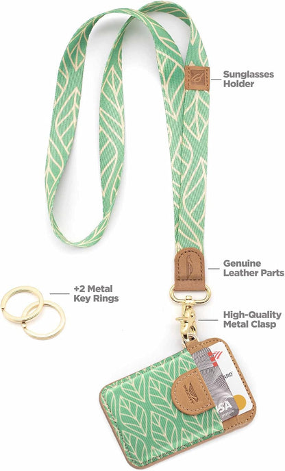 HOTPOCKT Slim Card Holder Wallet + Neck Lanyard for Keys Bundle for Women | Leaves