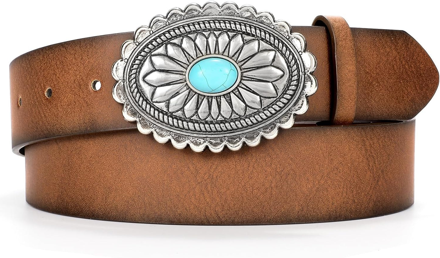 HOTXZQTIVE Women Western Leather Belt Vintage Country Belts For Cowgirl Jeans Dresses Ladies Concho Belt With Turquoise Buckle