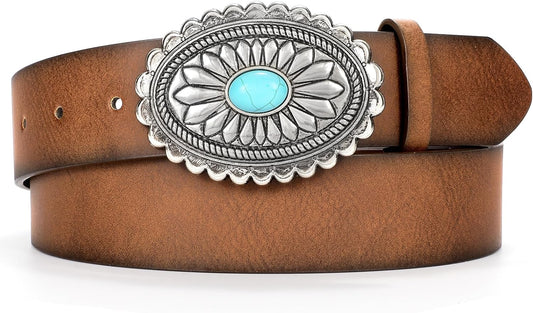 HOTXZQTIVE Women Western Leather Belt Vintage Country Belts For Cowgirl Jeans Dresses Ladies Concho Belt With Turquoise Buckle