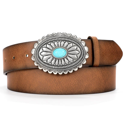 HOTXZQTIVE Women Western Leather Belt Vintage Country Belts For Cowgirl Jeans Dresses Ladies Concho Belt With Turquoise Buckle