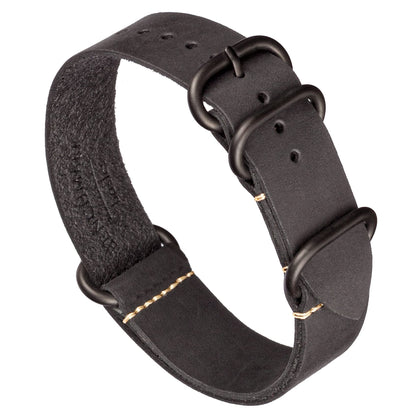HOTBenchmark Leather Watch Band - Crazy Horse Oiled Leather One-Piece Military Watch Strap - Brushed Stainless-Steel Hardware - 18mm, 20mm, 22mm or 24mm Widths