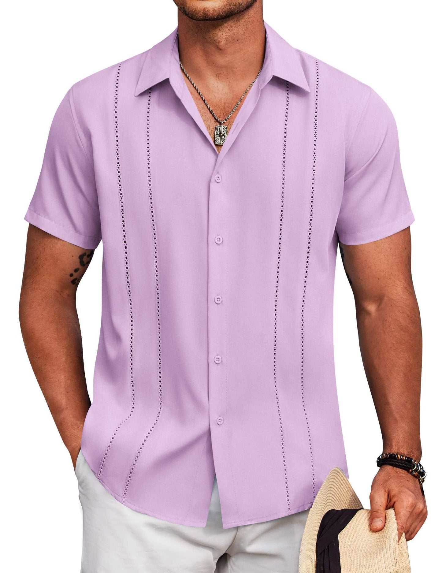 HOTCOOFANDY Mens Cuban Guayabera Shirt Short Sleeve Button Down Shirts Summer Beach Vacation Shirts