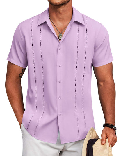HOTCOOFANDY Mens Cuban Guayabera Shirt Short Sleeve Button Down Shirts Summer Beach Vacation Shirts
