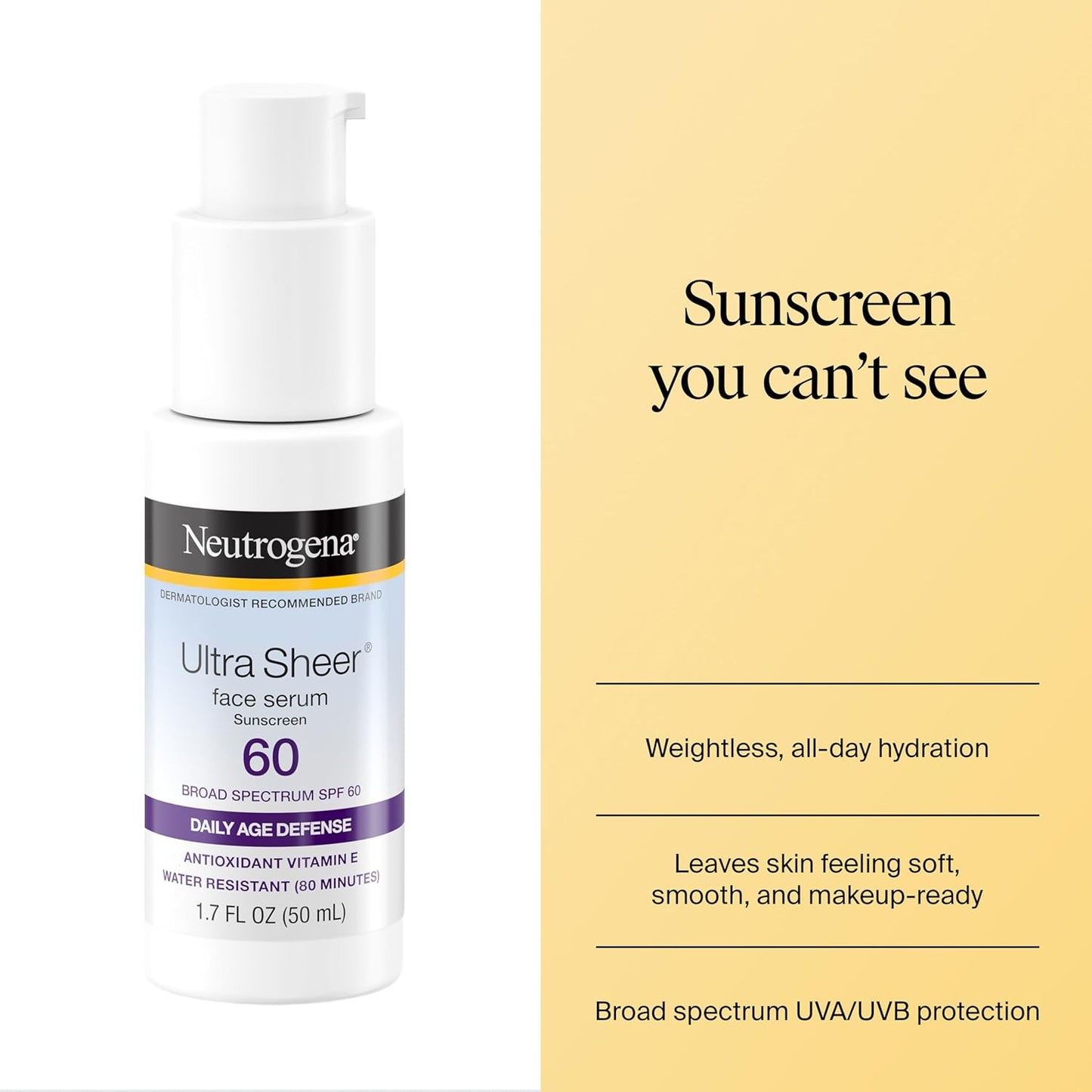 HOTNeutrogena, Ultra Sheer Face Sunscreen with Vitamin E and SPF 60, Sunscreen for Face with Broad Spectrum Uva/Uvb Protection, Fragrance-Free, Oxybenzone-Free, Water-Resistant (80 minutes), 50.3 mL