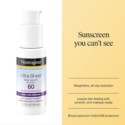 HOTNeutrogena, Ultra Sheer Face Sunscreen with Vitamin E and SPF 60, Sunscreen for Face with Broad Spectrum Uva/Uvb Protection, Fragrance-Free, Oxybenzone-Free, Water-Resistant (80 minutes), 50.3 mL