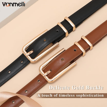 HOTVONMELLI Women Skinny Leather Belt Thin Waist Belt for Women Jeans Dress Fashion Ladies Belt with Gold Buckle