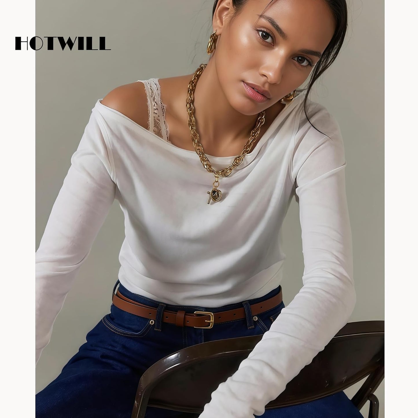 HOTHOTWILL 4 Pack Women Skinny Belts for Jeans Dress Thin Waist Belt | 0.55 in Wide, Black Beige Brown White Faux Leather, Gold Silver Buckle, Fashion Casual Style, Daily Outfits Accessories
