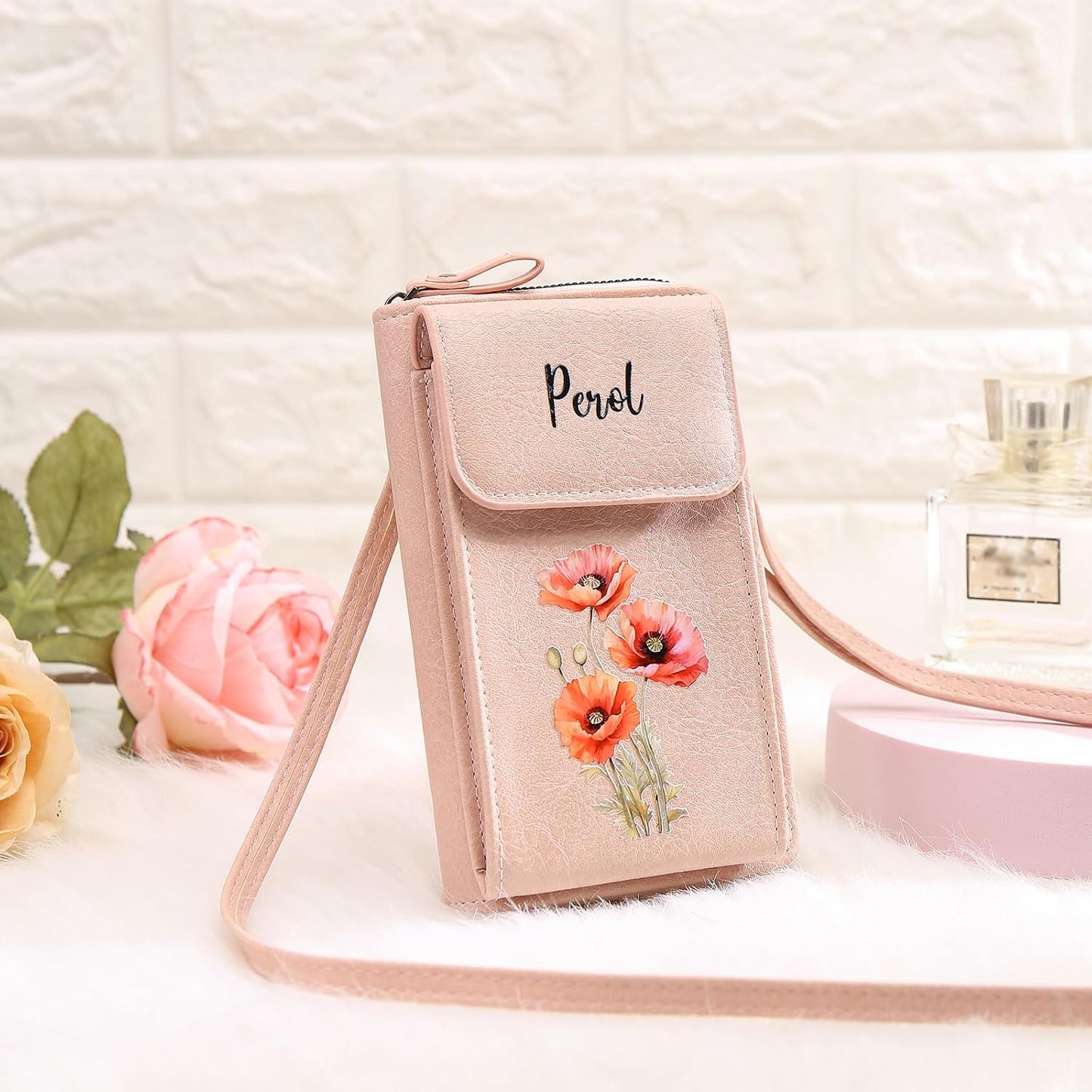 HOTCustom Leather Birthflower Money Clip Wallet Personalized Engraved Name Hold Phone Purse with Wrist Strap for Women Mom Sister Christmas Birthday Valentine's Day Gifts