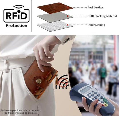 HOTRFID Wallet Women,Bifold Leather Womens Wallet,Compact Designer Carteras Para Mujer Card Holder with Removable ID Window(darkbrown)