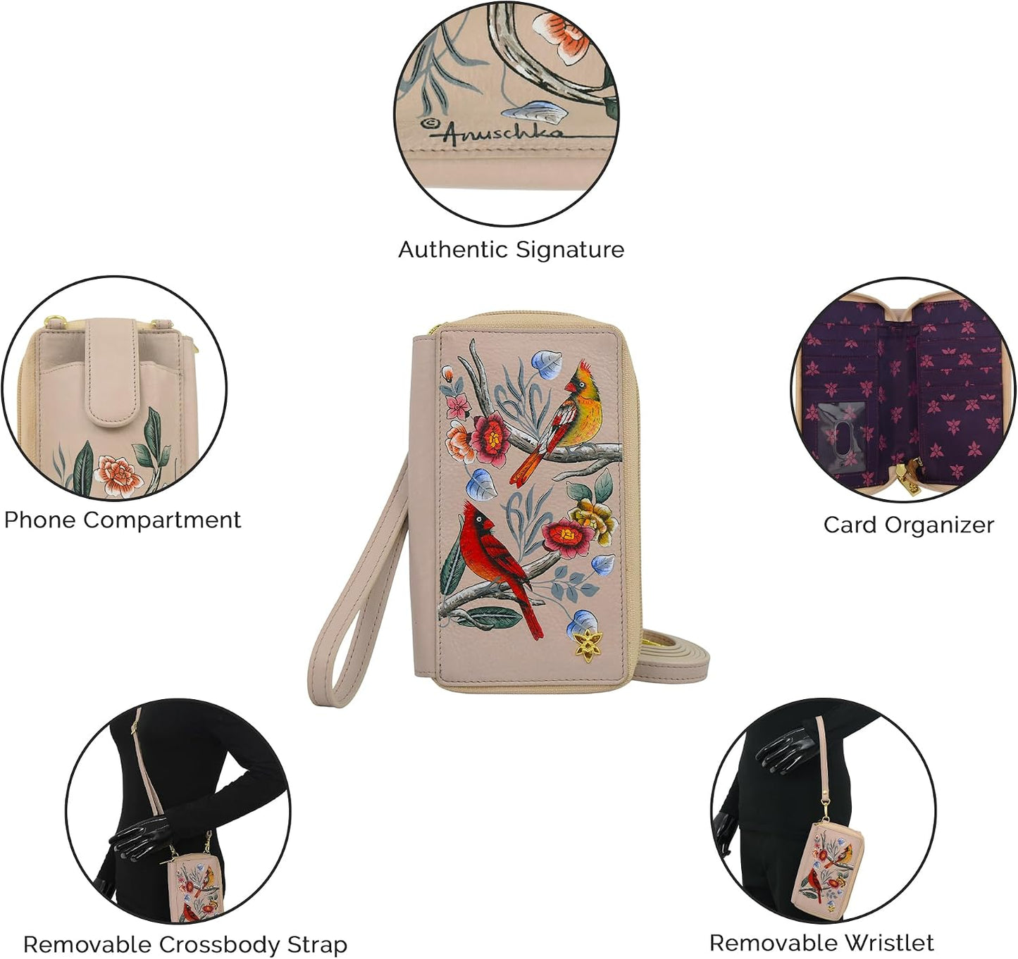HOTAnuschka Women's Original Hand-Painted Genuine Leather RFID Blocking Smartphone Case & Wallet
