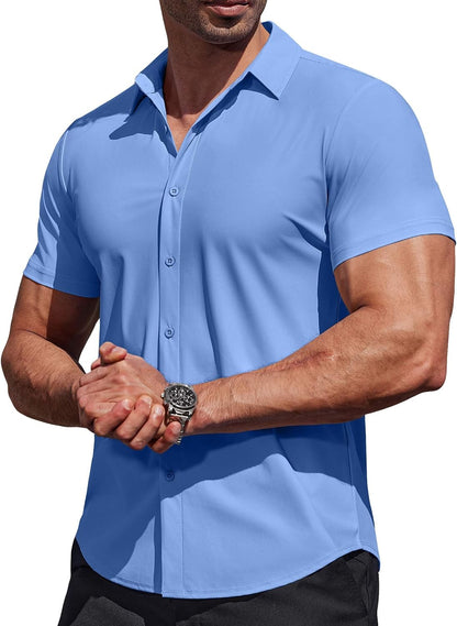 HOTCOOFANDY Mens Muscle Fit Dress Shirts Stretch Wrinkle Free Short Sleeve Button Down Shirt Casual Solid Untucked Shirt