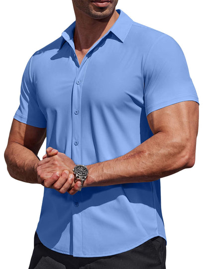 HOTCOOFANDY Mens Muscle Fit Dress Shirts Stretch Wrinkle Free Short Sleeve Button Down Shirt Casual Solid Untucked Shirt