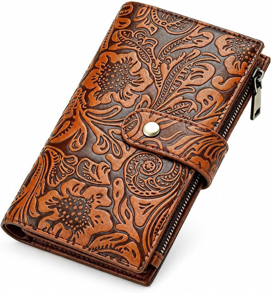 HOTGOIACII Women's Wallet RFID Blocking Leather Trifold Credit Card Holder | Pen Holder, Passport Compartment, Zipper Coin Pocket, Compact, Large Capacity Ladies Travel Wallet, Floral Embossed Brown