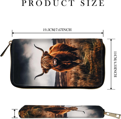 HOTRFID-Blocking Zip Around Wallets for Women with Detachable Wrist Strap,Large Capacity Phone Holder with Card Organizer & Coin Pocket,Brown Highland Cow