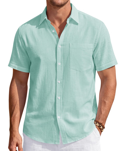 HOTJ.VER Mens Linen Shirt Short Sleeve Button Down Casual Summer Shirts | Cotton Linen, Untucked, Big Tall, from Beach Camp Vacation, Cruise Fishing, Work Office, to Wedding Party Family, with Pocket