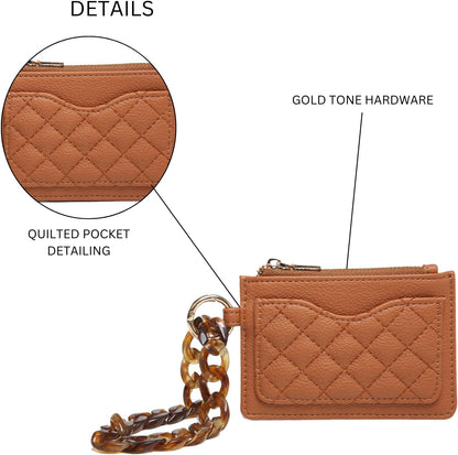 HOTJEN & CO. Rhodes RFID Blocking Wristlet Wallet for Women, Quilted Small Zip Card Holder with Acrylic Strap (Dark Khaki)