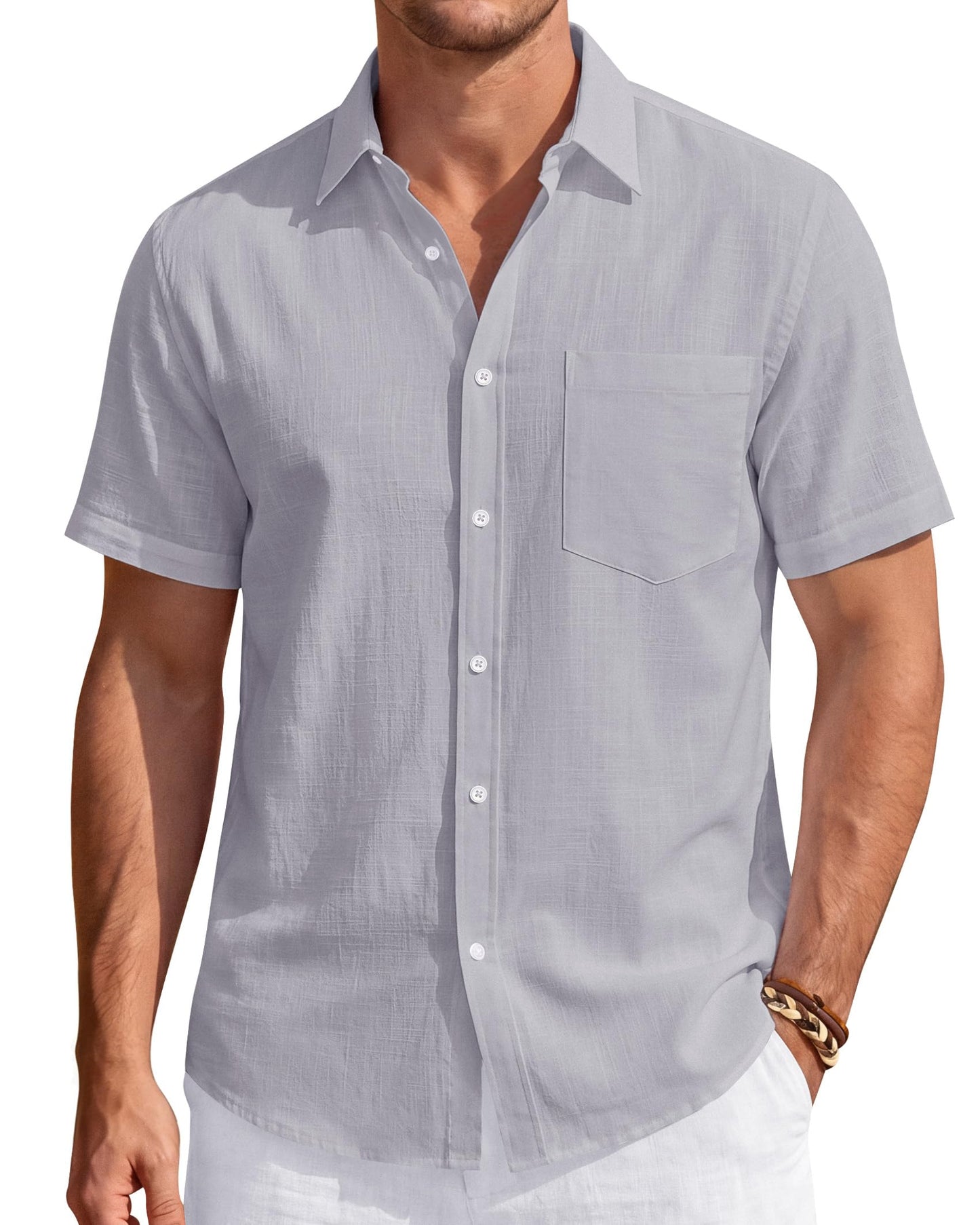 HOTJ.VER Mens Linen Shirt Short Sleeve Button Down Casual Summer Shirts | Cotton Linen, Untucked, Big Tall, from Beach Camp Vacation, Cruise Fishing, Work Office, to Wedding Party Family, with Pocket