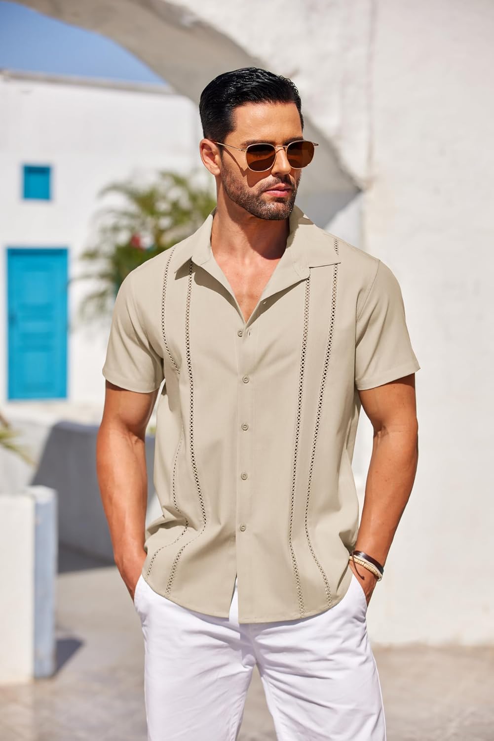 HOTCOOFANDY Men's Cuban Guayabera Shirt Short Sleeve Button Down Shirts Casual Summer Beach Linen Shirts