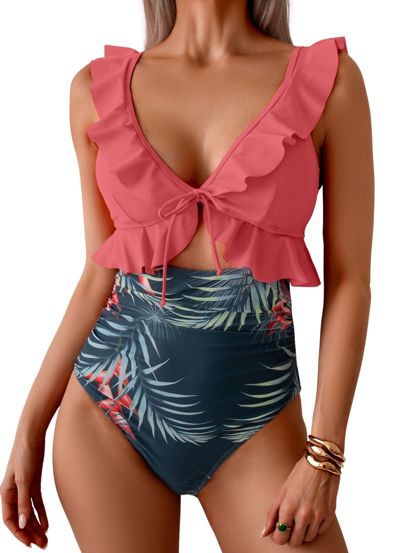 HOTEomenie One Piece Swimsuit for Women Tummy Control Ruffle Bathing Suit | V Neck Ruched Swim Suit, Slimming Cutout Swimwear, Tie Back