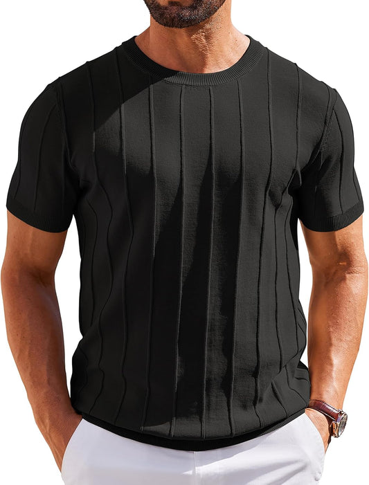 HOTCOOFANDY Men's T- Shirts Short Sleeve Knit Sweater Shirt Casual Crewneck Ribbed Pullover Tees
