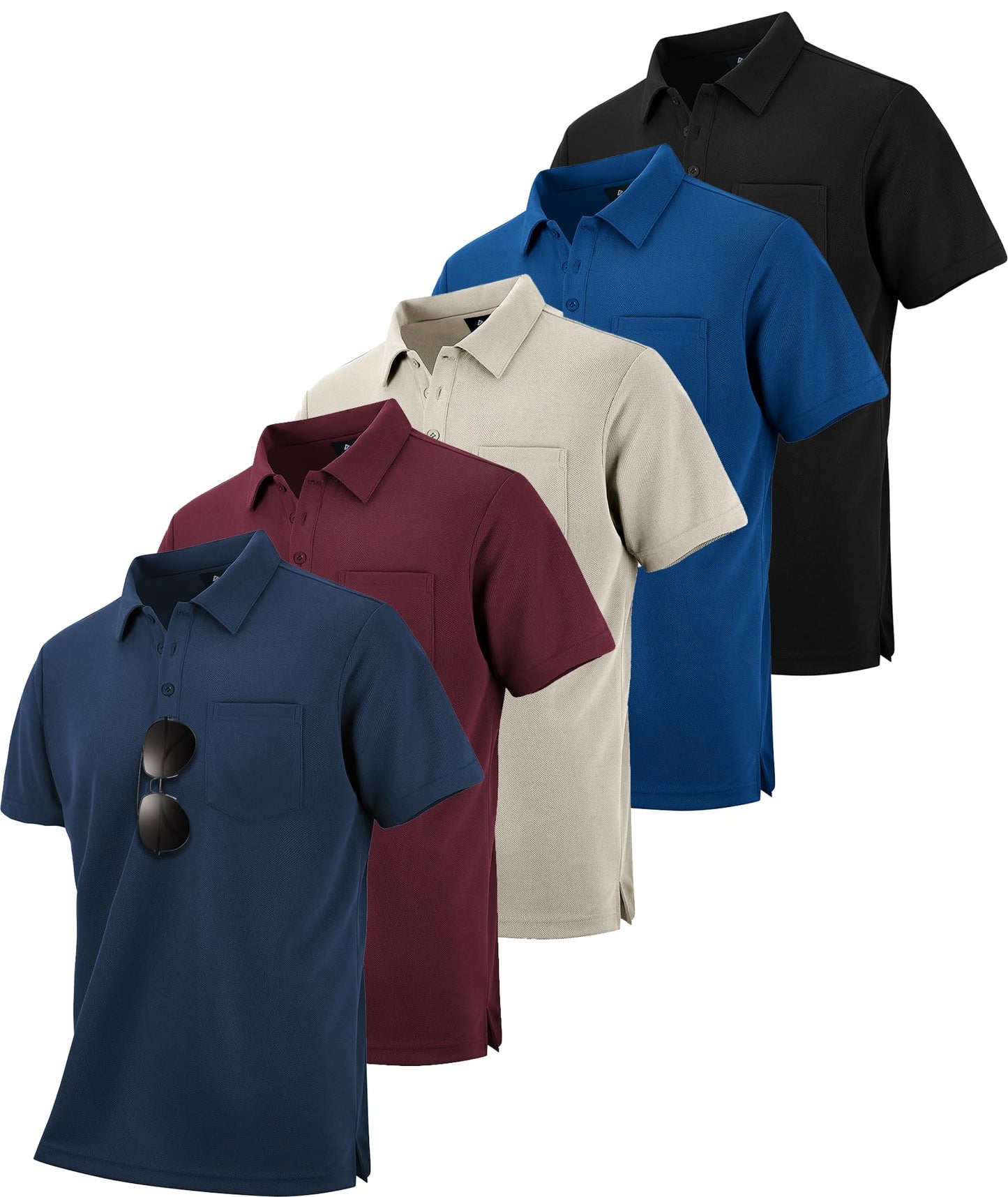 HOTSCODI 5 Pack Mens Pocket Polo Shirts Short Sleeve Multipack Golf Shirt for Men Moisture Wicking Casual Athletic Work T-Shirts