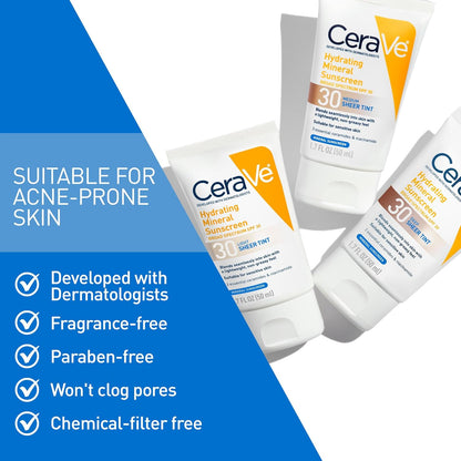 HOTCeraVe Hydrating Mineral Sunscreen SPF 30 with Sheer Tint, Tinted Mineral Sunscreen with Zinc Oxide & Titanium Dioxide, Blends Seamlessly For Healthy Glow, Light, 1.7 Oz