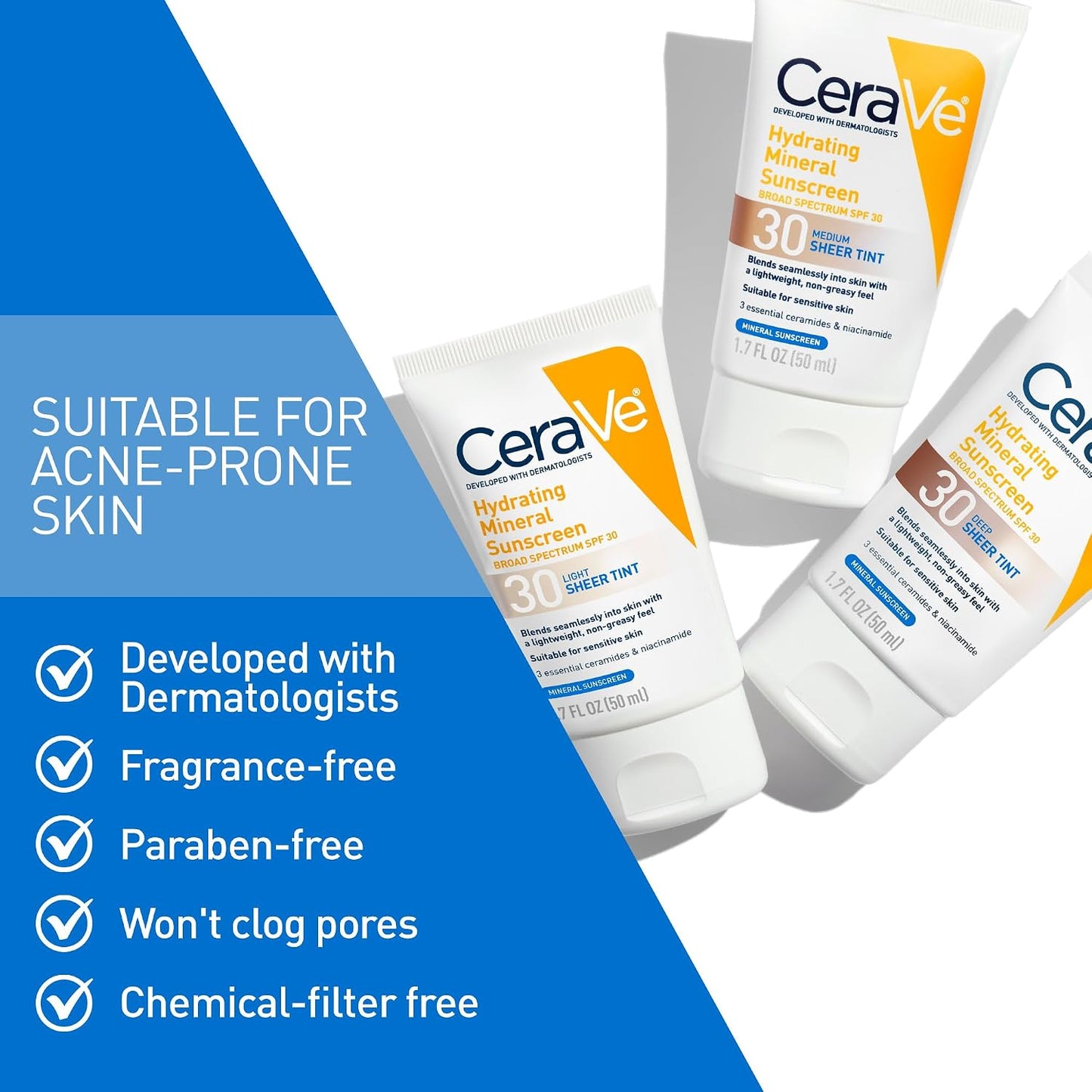 HOTCeraVe Hydrating Mineral Sunscreen SPF 30 with Sheer Tint, Tinted Mineral Sunscreen with Zinc Oxide & Titanium Dioxide, Blends Seamlessly For Healthy Glow, Medium, 1.7 Fluid Ounce