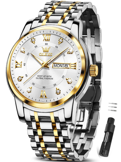 HOTOLEVS Classic Men Watches with Date,Stainless Steel Man Watch with Date, Bussiness Watches for Men,Luminous Quartz Mens Watches Black/White/Blue/Gold, Waterproof Male Watch with Week