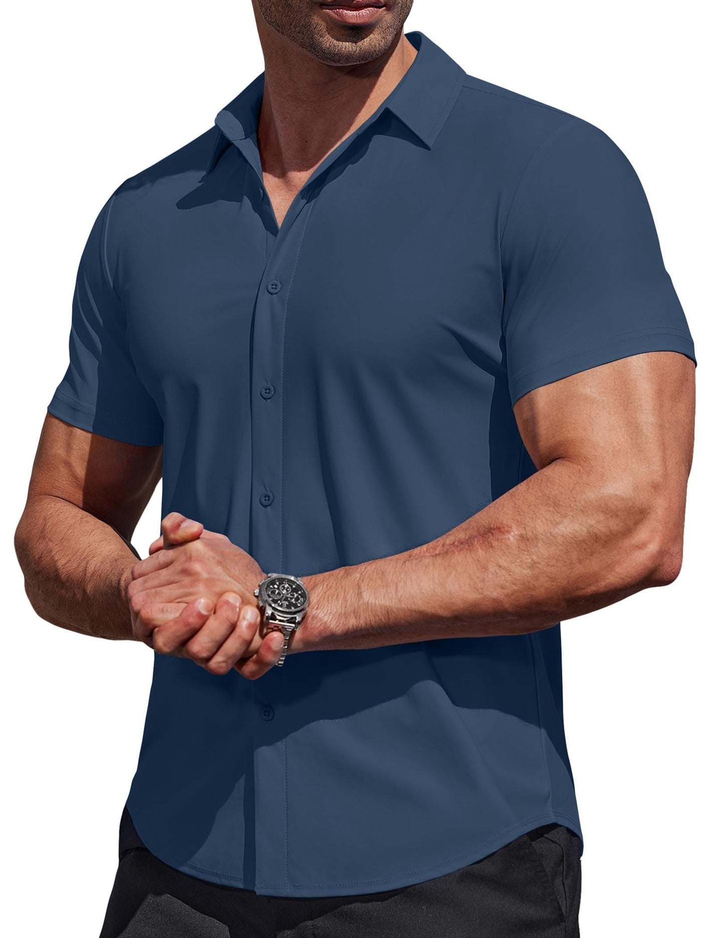 HOTCOOFANDY Mens Muscle Fit Dress Shirts Stretch Wrinkle Free Short Sleeve Button Down Shirt Casual Solid Untucked Shirt