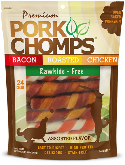 HOTPork Chomps Roasted Pork Skin Dog Chews, 6 Inch Twists, 15 Count - Long-Lasting Treats for Dogs - High Protein, Rawhide-Free, Low Fat, Healthy & Delicious Chews