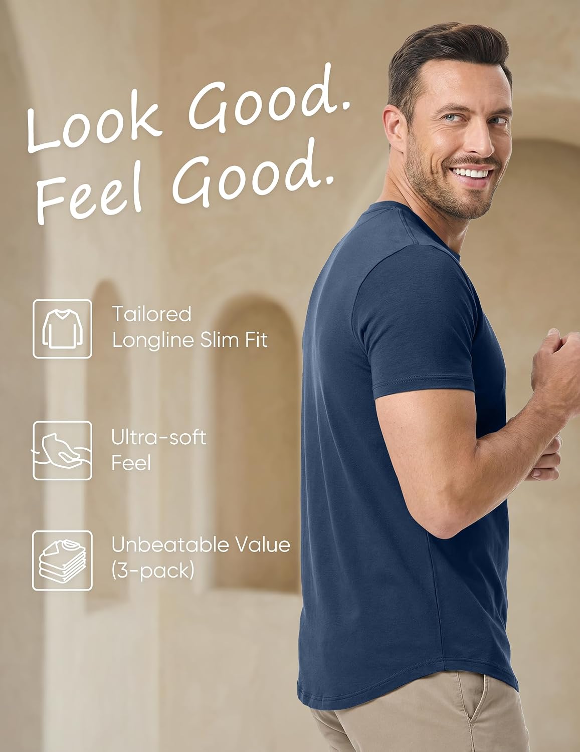 HOTJMIERR Mens 3 Pack Cotton Hipster Hip Hop Longline Crewneck T-Shirt
