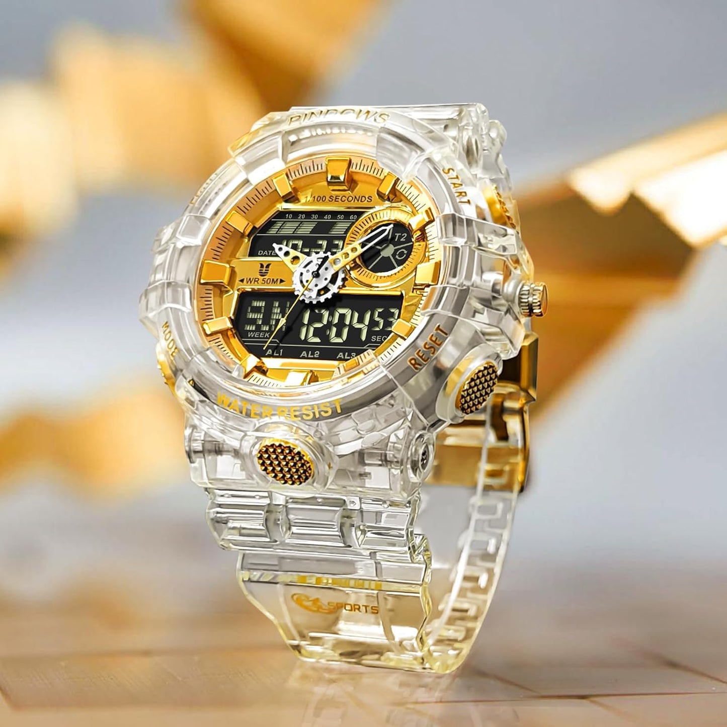 HOTPINDOWS Watches for Men, Transparent Gold Analog Digital Dual Time 50M Waterproof, LED Backlight Multifunctional with Alarms, Stopwatch, Ideal for Sports, Outdoor Activities, and Daily Wear