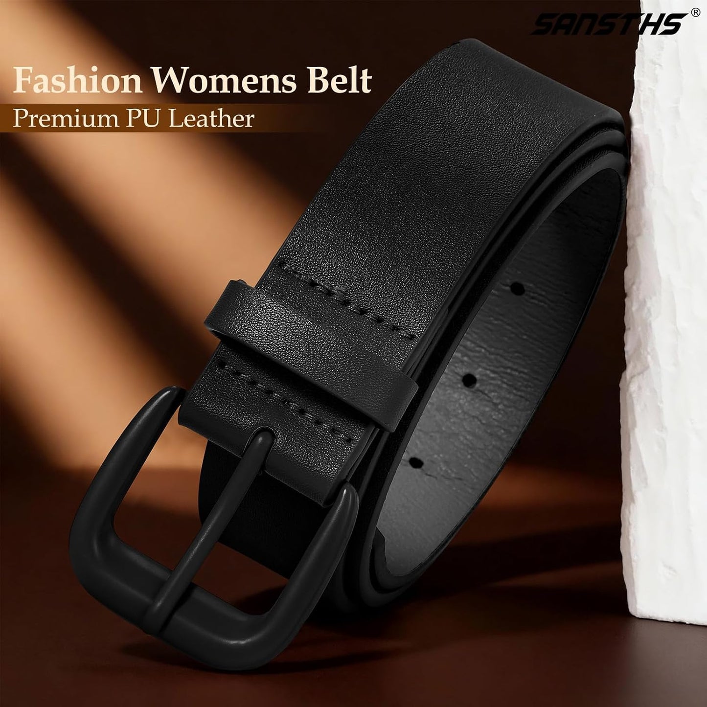 HOTSANSTHS Womens Belt with Same Color Square Buckle, 9 Hole Adjustable Flexible PU Leather Belt for Women Jeans Pants Dresses