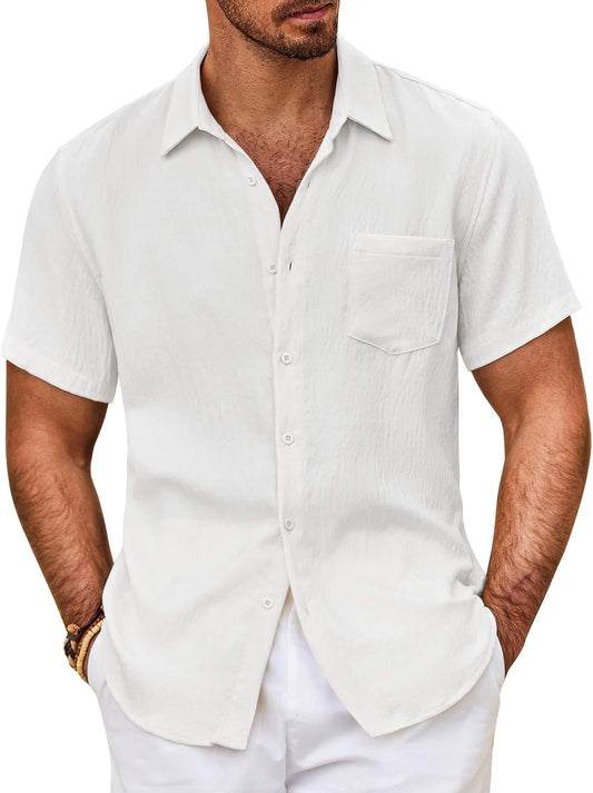 HOTCOOFANDY Mens Button Down Short Sleeve Shirt Casual Shirts Summer Beach Textured Shirts with Pocket