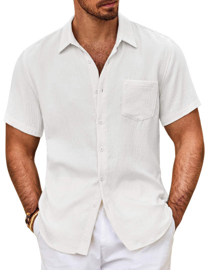 HOTCOOFANDY Mens Button Down Short Sleeve Shirt Casual Shirts Summer Beach Textured Shirts with Pocket