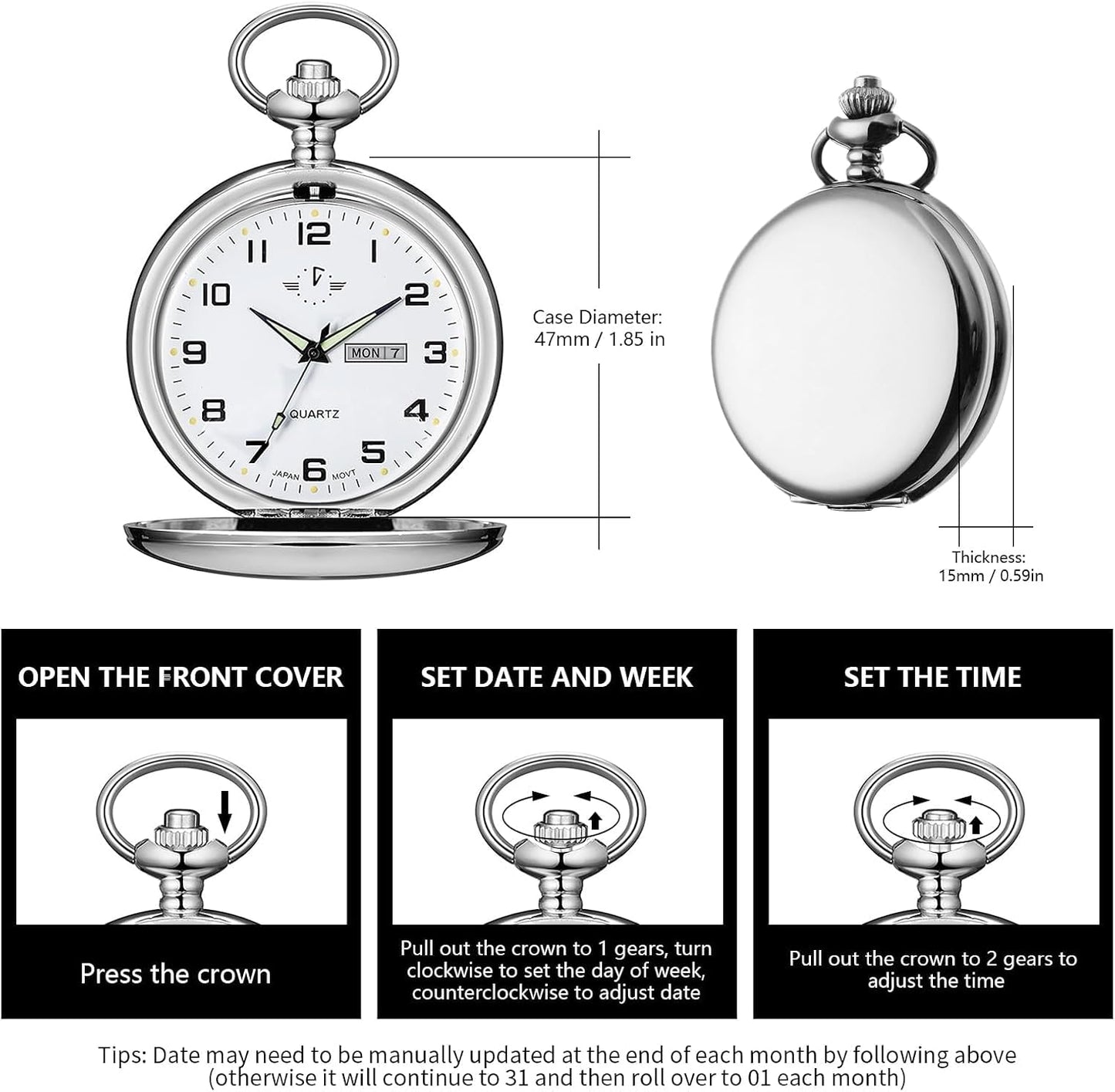 HOTBOSHIYA Smooth Quartz Pocket Watches for Men Classic Arabic Digital Luminous Dial & Day Date Pocket Watch with Chain Christmas Graduation Birthday Gifts