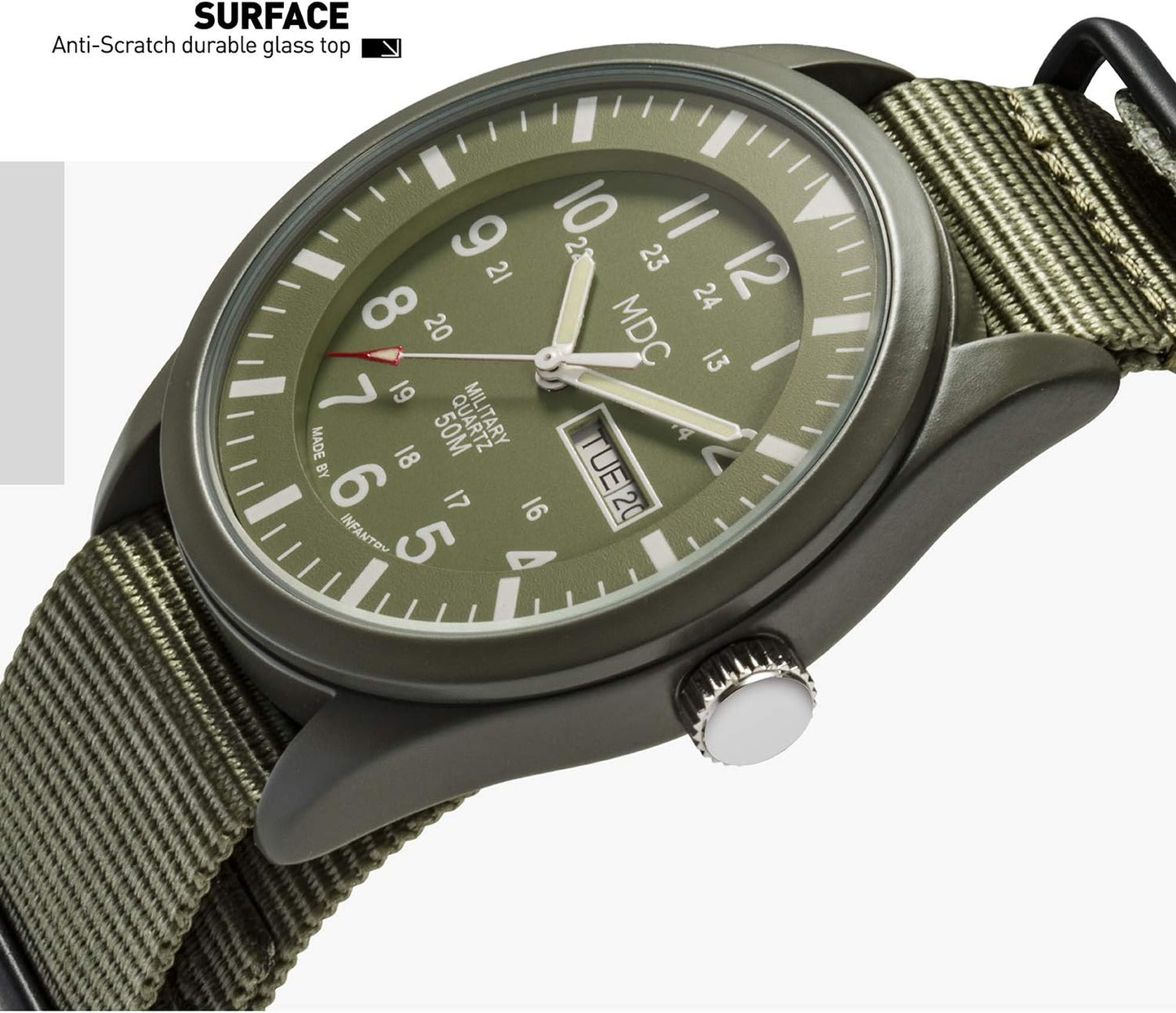 HOTInfantry Mens Military Field Watch, Vietnam Style, 12/24H, Green Nylon Band | Tactical Day Date, Waterproof, Analog Quartz, Army Green Strap for Outdoor Work, Veteran Gift
