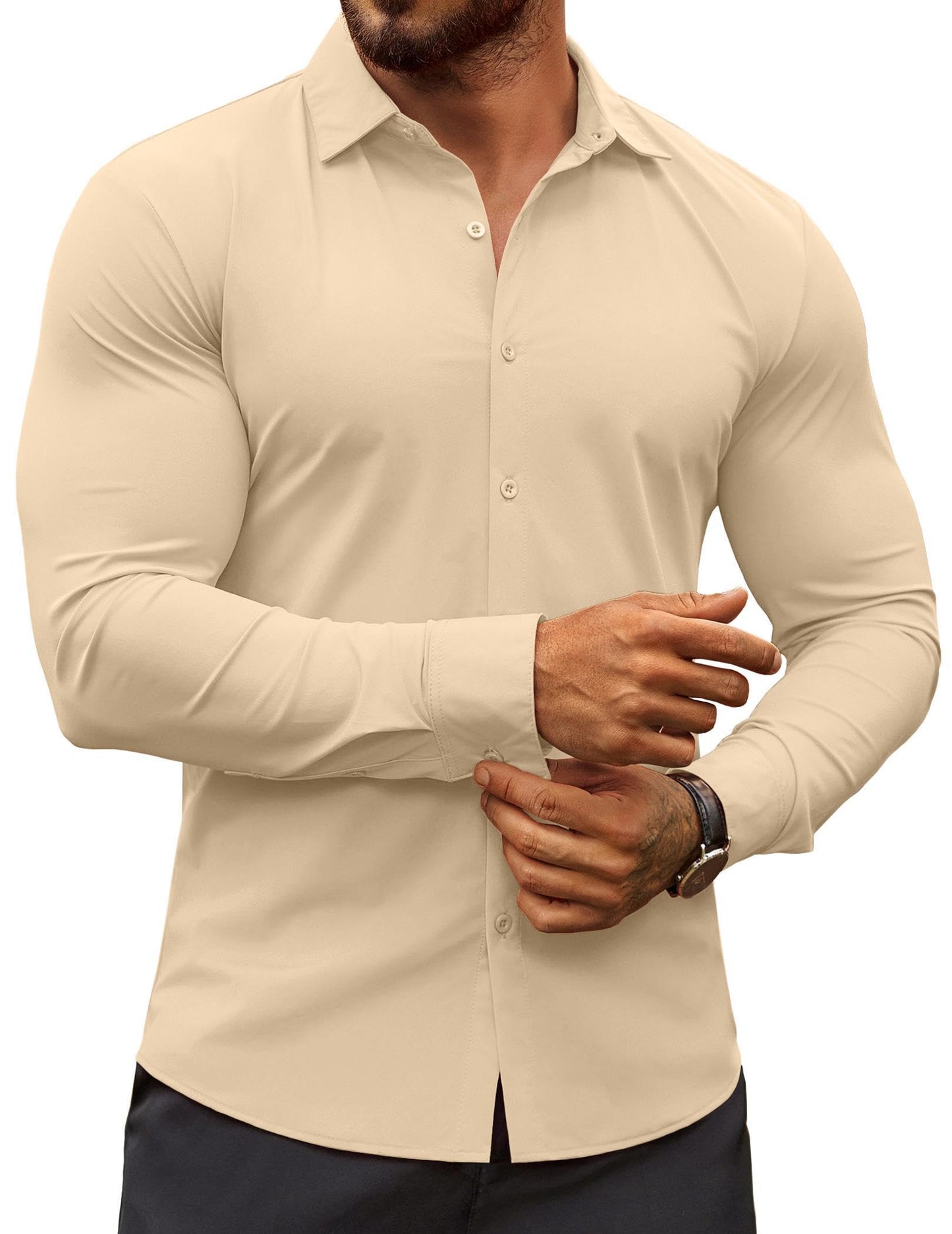 HOTCOOFANDY Men's Muscle Fit Dress Shirts Wrinkle-Free Long Sleeve Casual Button Down Shirts