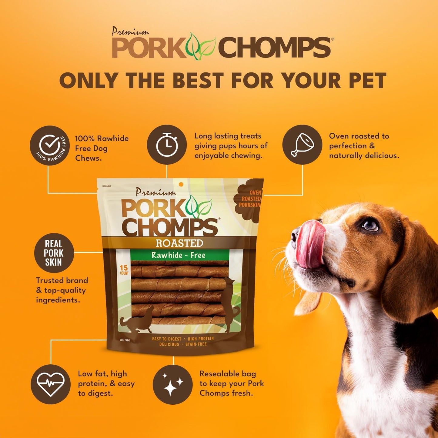 HOTPork Chomps Roasted Pork Skin Dog Chews, 6 Inch Twists, 15 Count - Long-Lasting Treats for Dogs - High Protein, Rawhide-Free, Low Fat, Healthy & Delicious Chews