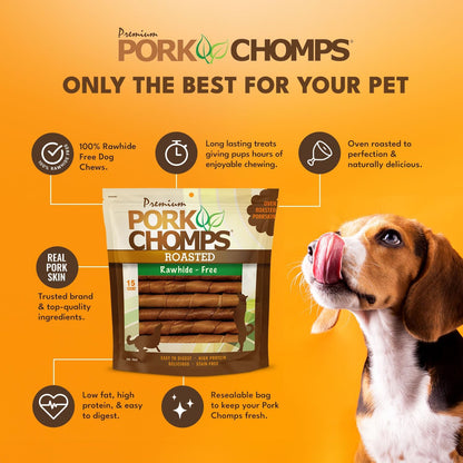 HOTPork Chomps Roasted Pork Skin Dog Chews, 6 Inch Twists, 15 Count - Long-Lasting Treats for Dogs - High Protein, Rawhide-Free, Low Fat, Healthy & Delicious Chews