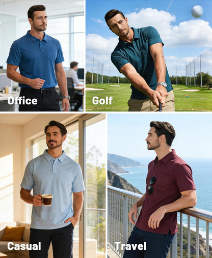 HOTZITY Men's 3 Pack Polo Shirts Short Sleeve with Pocket Moisture Wicking Casual Work Golf Lightweight Collared T-Shirts