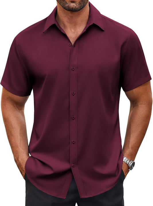 HOTCOOFANDY Men's Button Down Shirt Short Sleeve Dress Shirt Casual Beach Summer Wedding Shirt