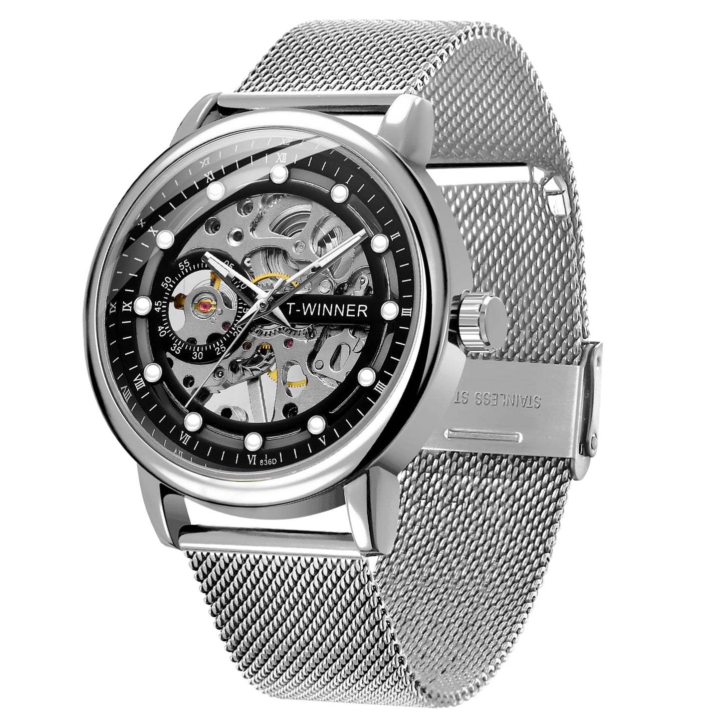 HOTMen's Skeleton Mechanical Roman Numeral Mesh Strap Watch, Hand Winding Mechanical Mesh Luminous Waterproof Watch for Men