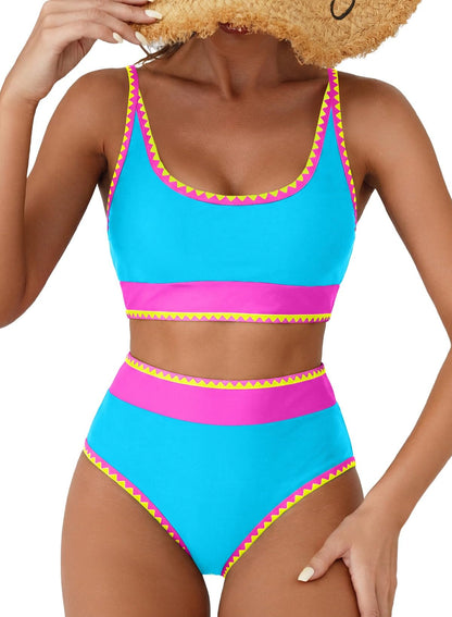 HOTHerseas Women's Bikini Sets Floral Print Whip Stitch 2 Piece Swimsuits High Waisted Scoop Bathing Suits