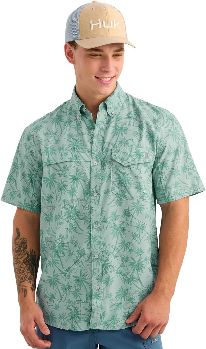 HOTHUK Men's Tide Point Kc Scott Original Artwork Short Sleeve Shirt, Fishing Button Down