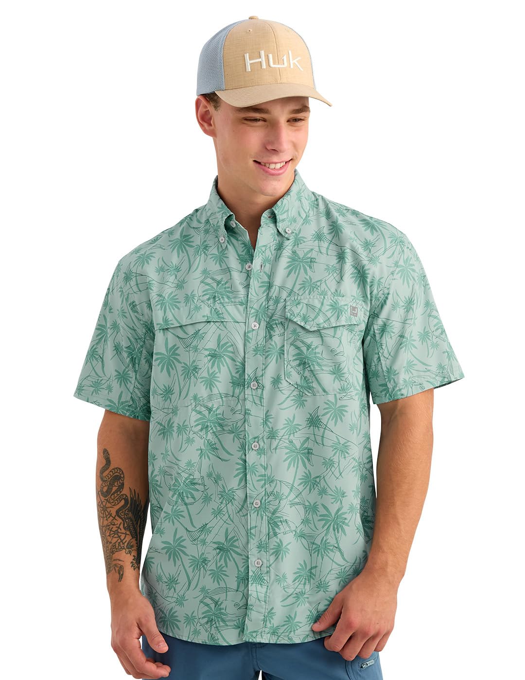 HOTHUK Men's Tide Point Kc Scott Original Artwork Short Sleeve Shirt, Fishing Button Down